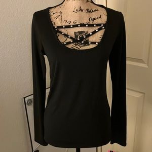 Material girl Macy’s sexy studded strappy chest long sleeve top black medium M